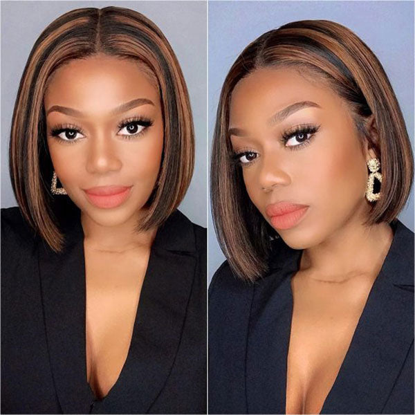 Junoda Highlight Honey Blonde on Brown Hair P4/27 2x6 Lace Straight Bob Wig Fast Shipping junoda