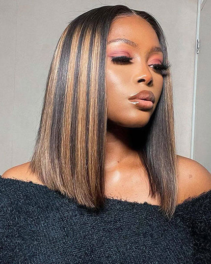 Junoda Highlight Honey Blonde on Brown Hair P4/27 2x6 Lace Straight Bob Wig Fast Shipping junoda