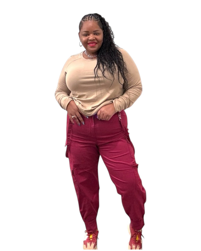 Women's Burgundy High Waist Cargo Pants