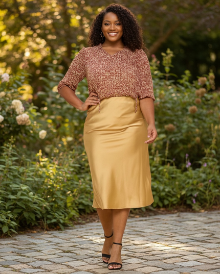 Women's Gold Plus Size Midi Satin Skirt