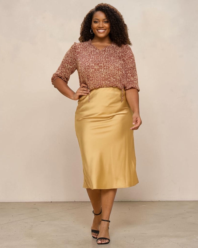 Women's Gold Plus Size Midi Satin Skirt