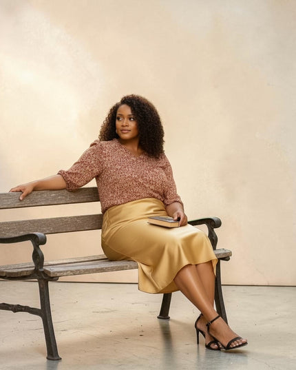 Women's Gold Plus Size Midi Satin Skirt
