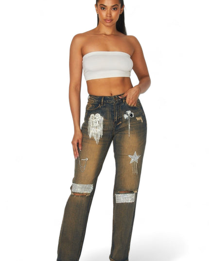 Dreaming Of You Rhinestone Fringe Denim Pant Jeans