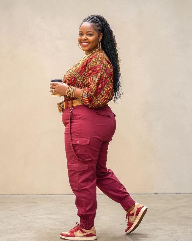 Women's Burgundy High Waist Cargo Pants