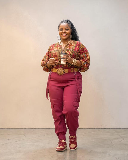 Women's Burgundy High Waist Cargo Pants