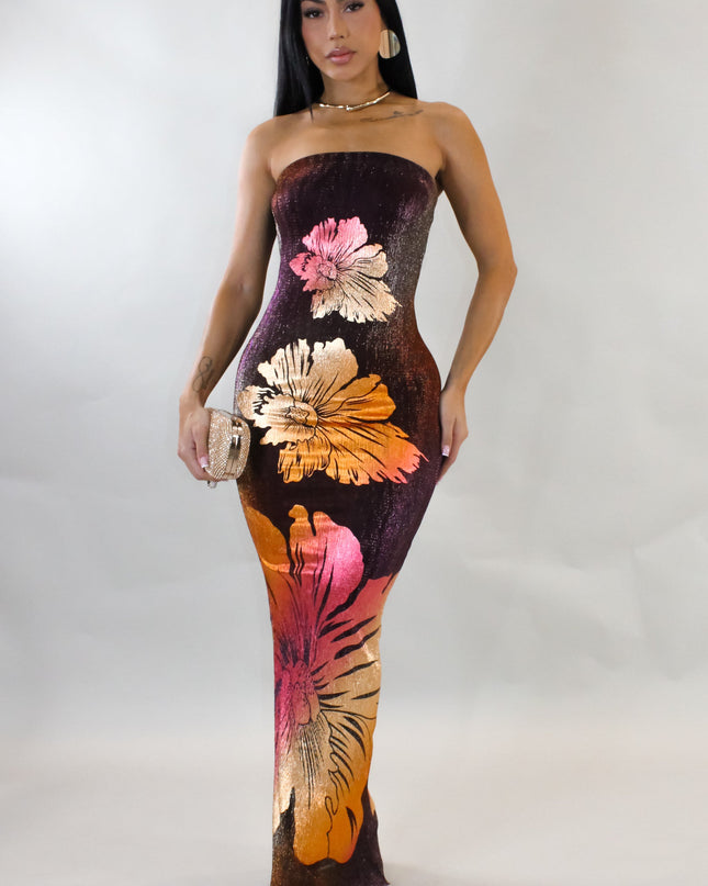 Get a Taste Dazzling Metallic Maxi Dress- Floral/Multi