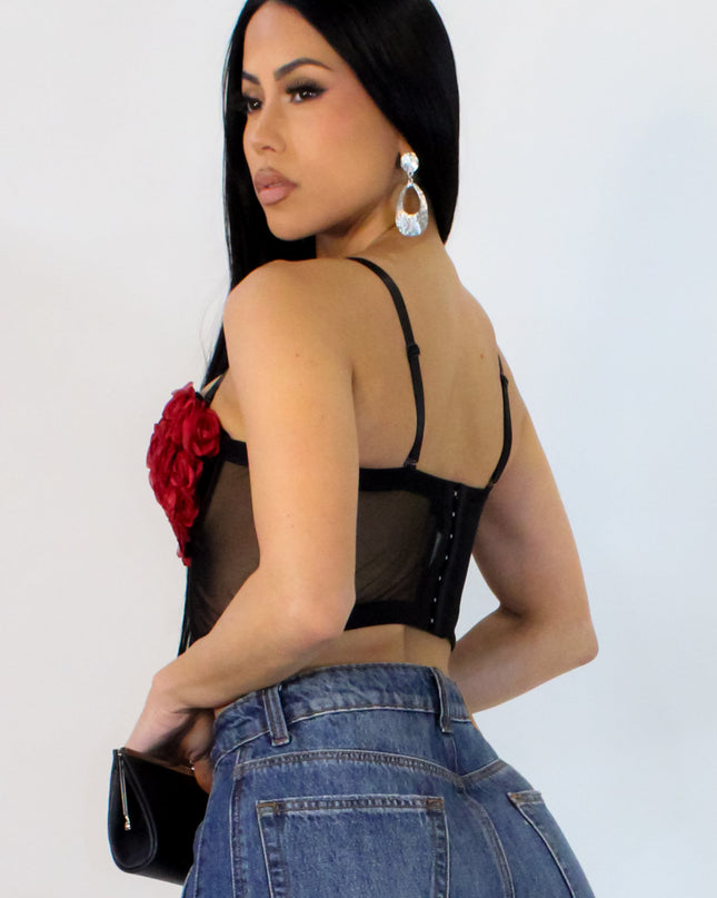 3D Heart Rose & Mesh Cropped Top- Black/Red