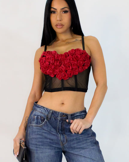 3D Heart Rose & Mesh Cropped Top- Black/Red