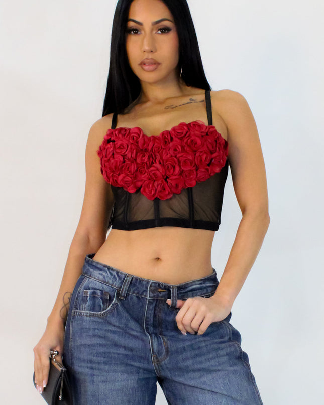 3D Heart Rose & Mesh Cropped Top- Black/Red