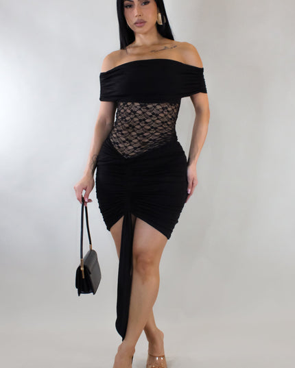Laced Up Off Shoulder Mini Dress- Black