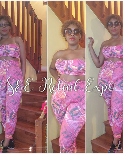 "Money Money Money" USA $100 Bill Pink Cropped Top & Pants Set
