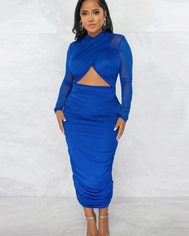 Blue Ruched Mesh Long Sleeve Midi Bodycon Dress