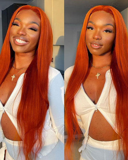 Junoda Ginger Color Transparent Lace Frontal Wigs Brazilian Straight Human Hair Wigs junoda