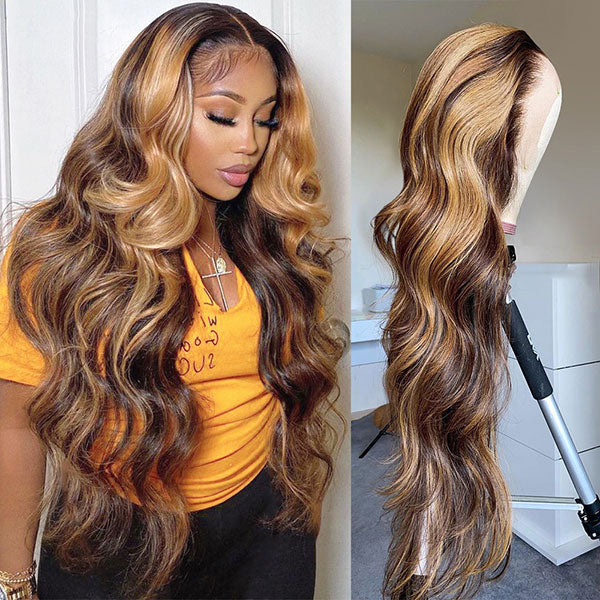 [BOGO] Junoda Balayage Highlight Brown Blonde 13x4 Lace Front Wig Body Wave Lace Frontal Wigs junoda