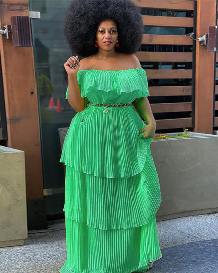 Plus Size Solid Color Off Shoulder Tiered Dress