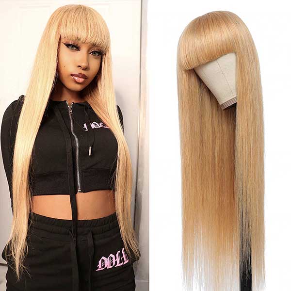 Junoda 27 Color Straight Human Hair Wig with Bangs Glueless Wig junoda