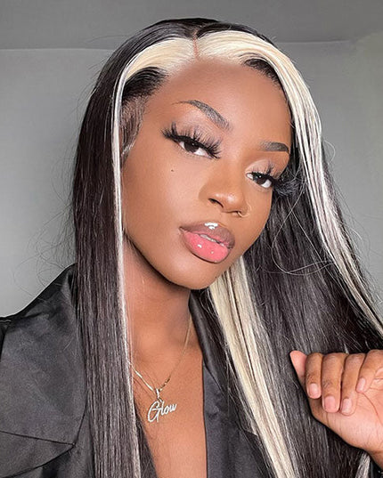 Junoda Skunk Stripe with Highlight Blonde Straight 4x4 13x4 Lace Front Wigs junoda