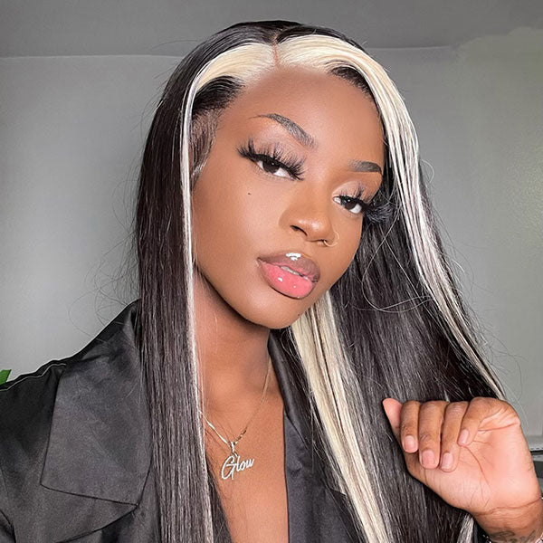 Junoda Skunk Stripe with Highlight Blonde Straight 4x4 13x4 Lace Front Wigs junoda