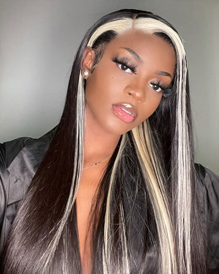 Junoda Skunk Stripe with Highlight Blonde Straight 4x4 13x4 Lace Front Wigs junoda