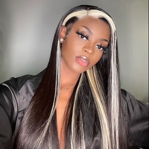 Junoda Skunk Stripe with Highlight Blonde Straight 4x4 13x4 Lace Front Wigs junoda