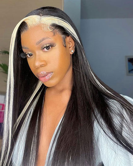 Junoda Skunk Stripe with Highlight Blonde Straight 4x4 13x4 Lace Front Wigs junoda