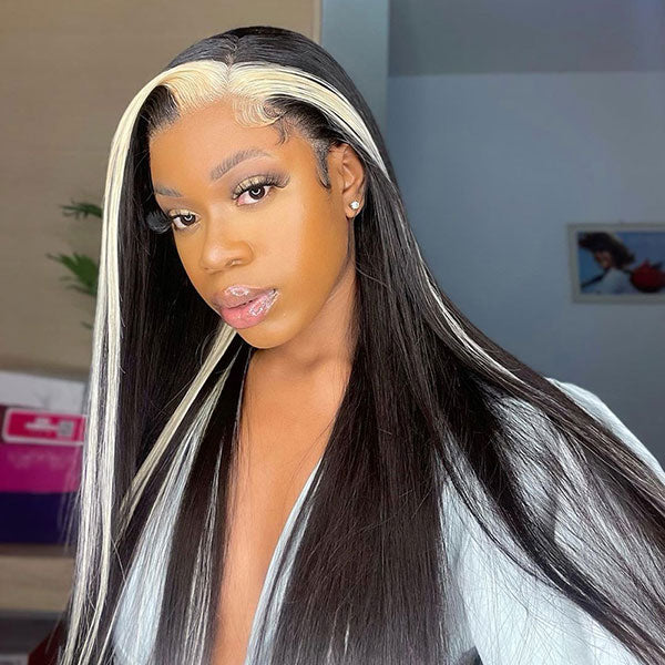 Junoda Skunk Stripe with Highlight Blonde Straight 4x4 13x4 Lace Front Wigs junoda