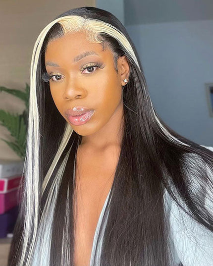 Junoda Skunk Stripe with Highlight Blonde Straight 4x4 13x4 Lace Front Wigs junoda