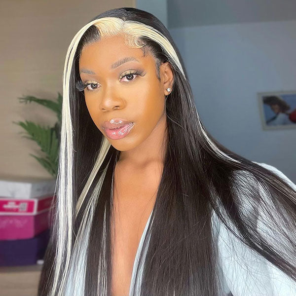 Junoda Skunk Stripe with Highlight Blonde Straight 4x4 13x4 Lace Front Wigs junoda
