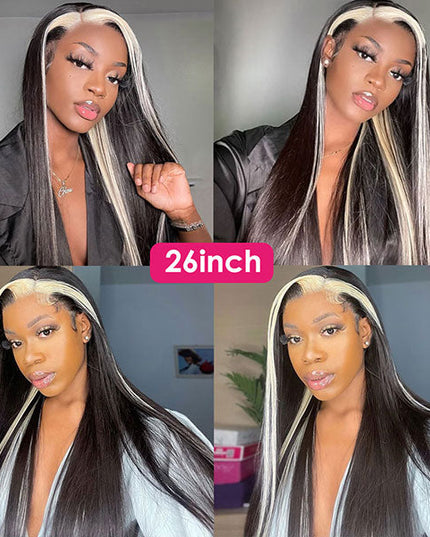 Junoda Skunk Stripe with Highlight Blonde Straight 4x4 13x4 Lace Front Wigs junoda