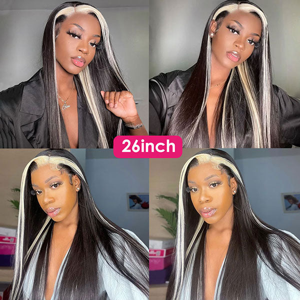 Junoda Skunk Stripe with Highlight Blonde Straight 4x4 13x4 Lace Front Wigs junoda