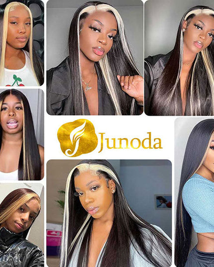 Junoda Skunk Stripe with Highlight Blonde Straight 4x4 13x4 Lace Front Wigs junoda