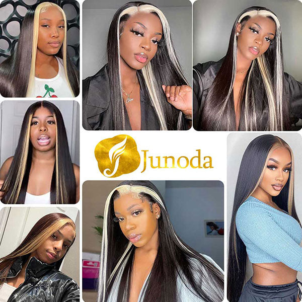 Junoda Skunk Stripe with Highlight Blonde Straight 4x4 13x4 Lace Front Wigs junoda