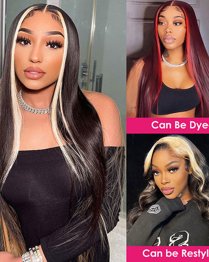 Junoda Skunk Stripe with Highlight Blonde Straight 4x4 13x4 Lace Front Wigs junoda