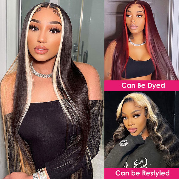 Junoda Skunk Stripe with Highlight Blonde Straight 4x4 13x4 Lace Front Wigs junoda