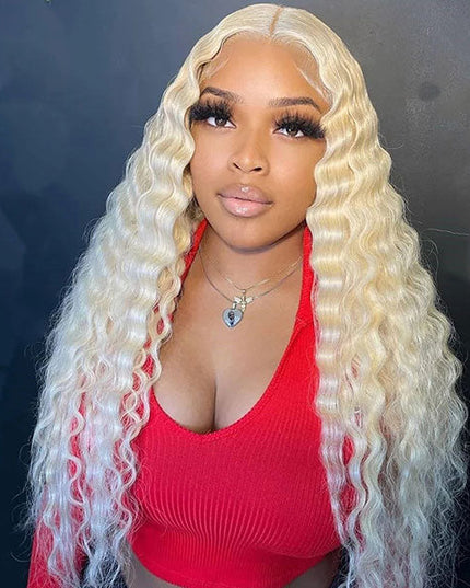 Junoda 613 Blonde Deep Wave Transparent Lace Front Wig Crimped 30inch Long Human Hair Wigs junoda