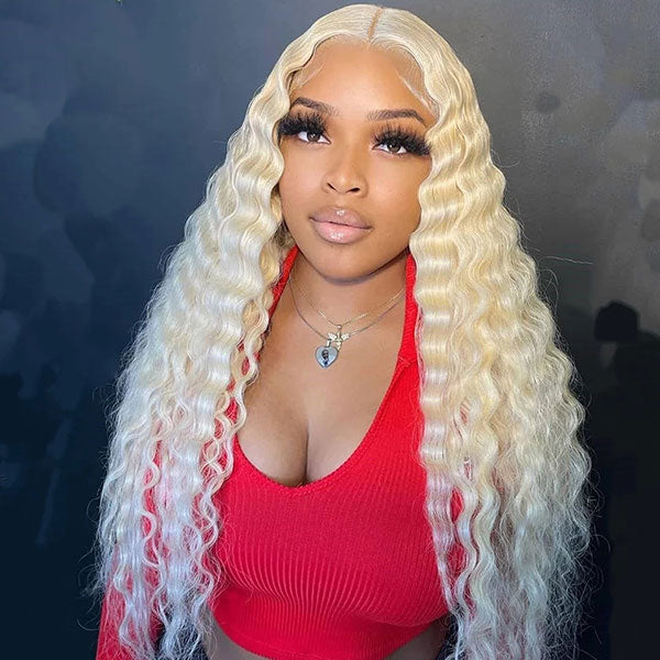 Junoda 613 Blonde Deep Wave Transparent Lace Front Wig Crimped 30inch Long Human Hair Wigs junoda