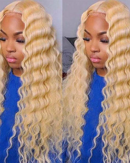 Junoda 613 Blonde Deep Wave Transparent Lace Front Wig Crimped 30inch Long Human Hair Wigs junoda