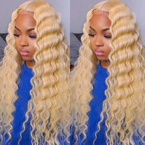 Junoda 613 Blonde Deep Wave Transparent Lace Front Wig Crimped 30inch Long Human Hair Wigs junoda