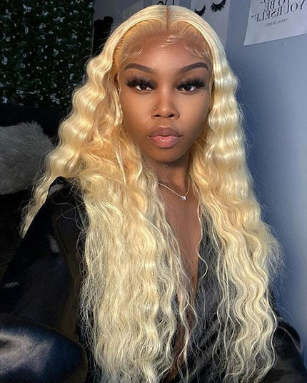 Junoda 613 Blonde Deep Wave Transparent Lace Front Wig Crimped 30inch Long Human Hair Wigs junoda