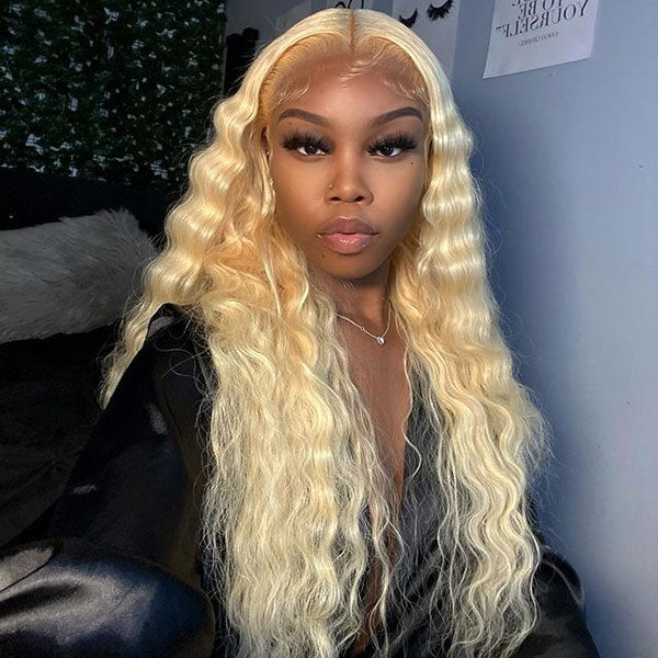 Junoda 613 Blonde Deep Wave Transparent Lace Front Wig Crimped 30inch Long Human Hair Wigs junoda