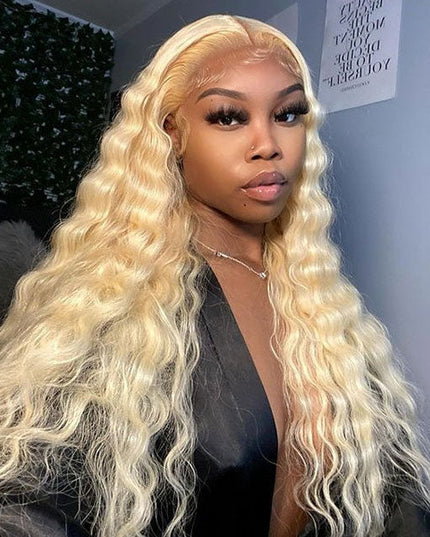 Junoda 613 Blonde Deep Wave Transparent Lace Front Wig Crimped 30inch Long Human Hair Wigs junoda