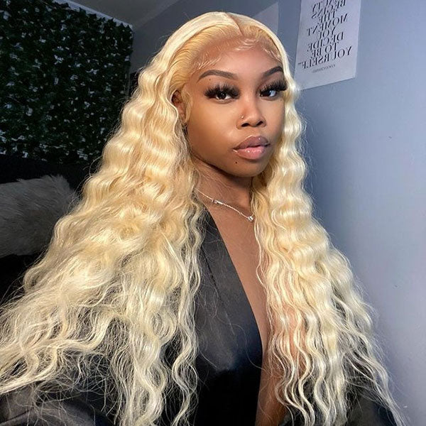 Junoda 613 Blonde Deep Wave Transparent Lace Front Wig Crimped 30inch Long Human Hair Wigs junoda