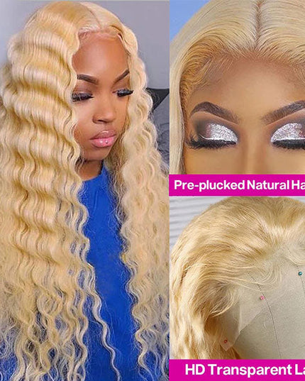 Junoda 613 Blonde Deep Wave Transparent Lace Front Wig Crimped 30inch Long Human Hair Wigs junoda