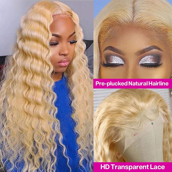 Junoda 613 Blonde Deep Wave Transparent Lace Front Wig Crimped 30inch Long Human Hair Wigs junoda