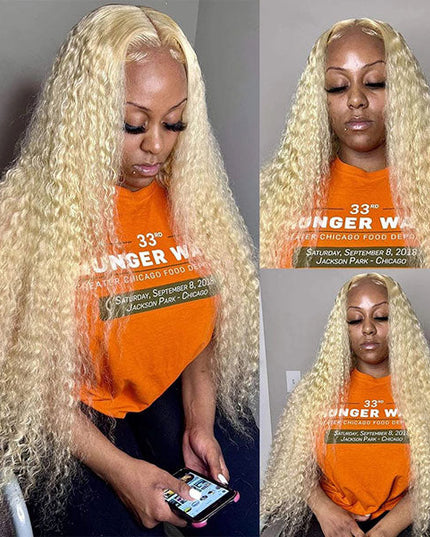 Junoda 613 Blonde Deep Wave Transparent Lace Front Wig Crimped 30inch Long Human Hair Wigs junoda
