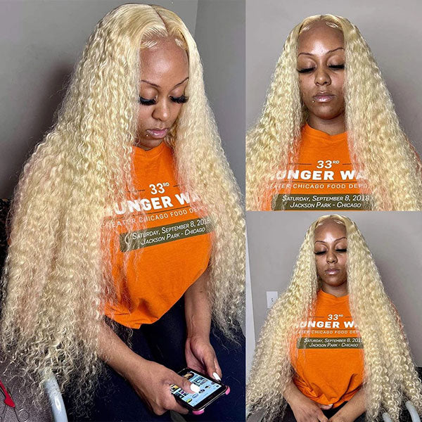 Junoda 613 Blonde Deep Wave Transparent Lace Front Wig Crimped 30inch Long Human Hair Wigs junoda