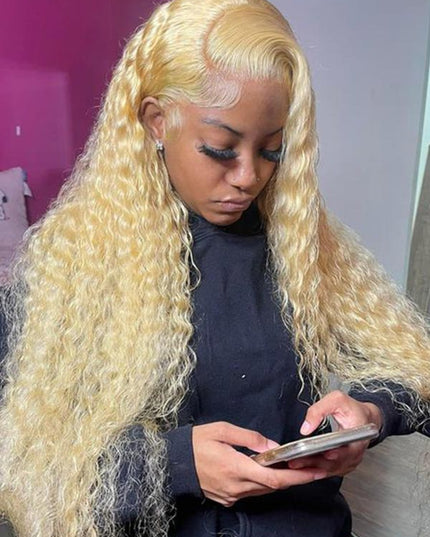 Junoda 613 Honey Blonde Curly Human Hair Wigs Long Lace Front Wig for Women junoda
