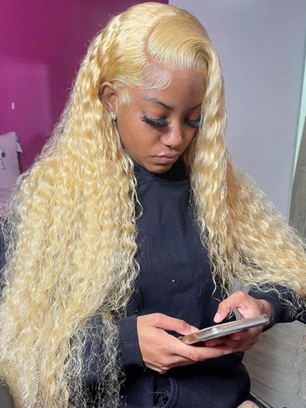 Junoda 613 Honey Blonde Curly Human Hair Wigs Long Lace Front Wig for Women junoda