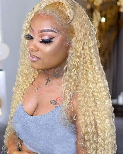 Junoda 613 Honey Blonde Curly Human Hair Wigs Long Lace Front Wig for Women junoda