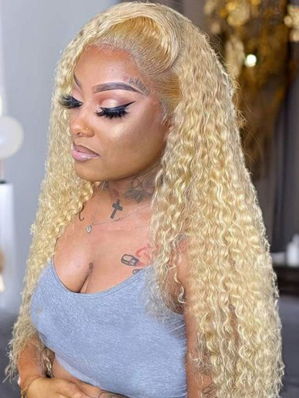 Junoda 613 Honey Blonde Curly Human Hair Wigs Long Lace Front Wig for Women junoda